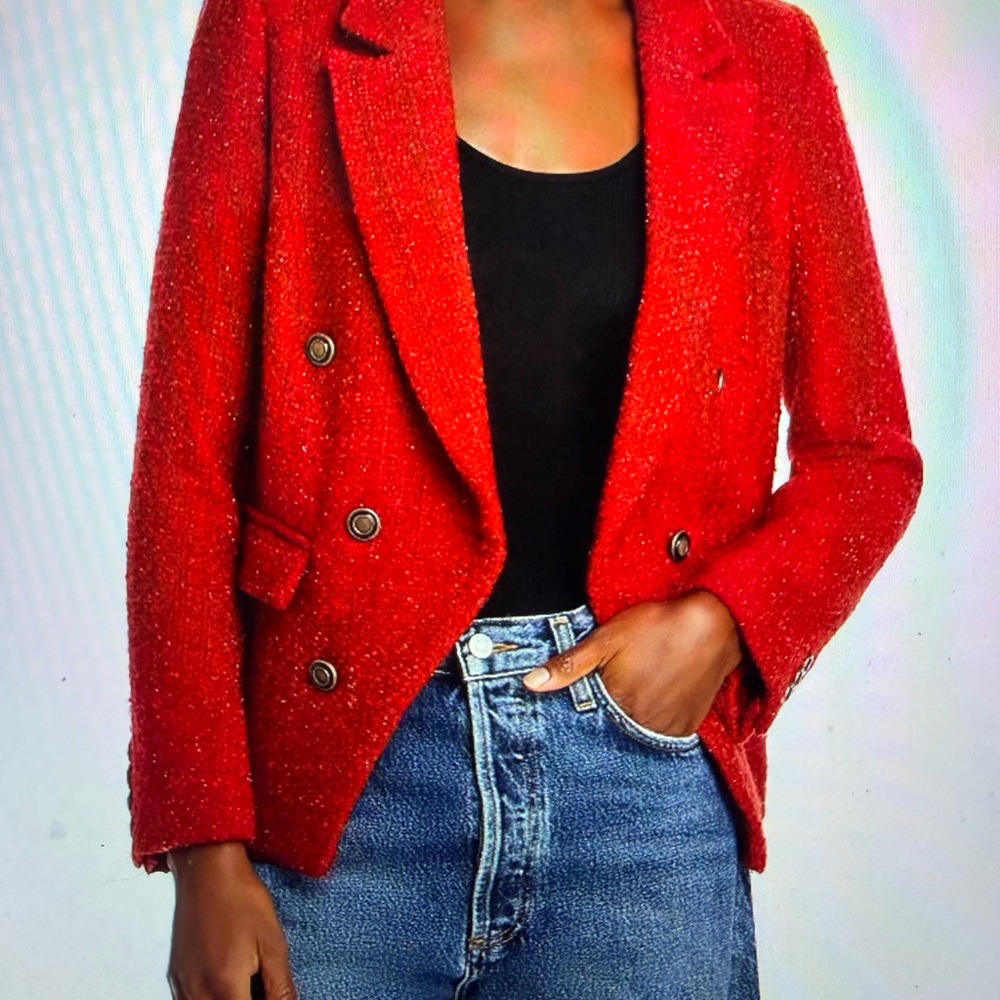 Aqua Red Double-Breasted Tweed Blazer